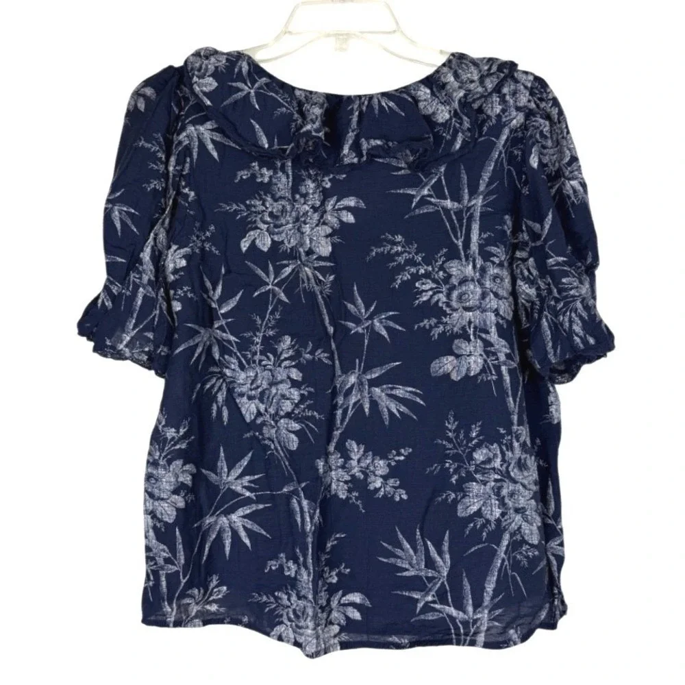 LOFT Women's Navy/White Floral V-Neck Puff Short Sleeve Ruffle Blouse M Summer